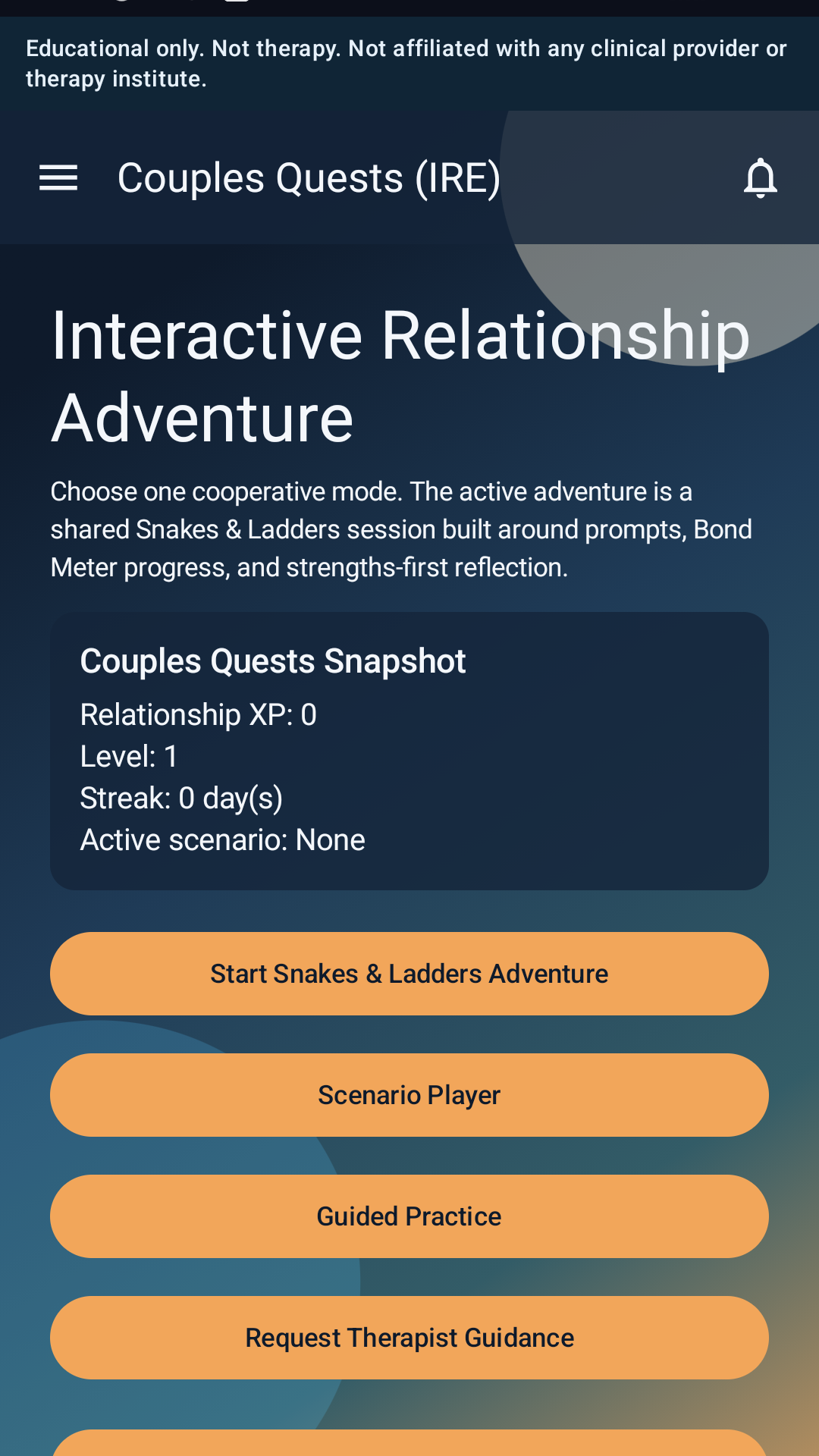 Illustrative app preview of guided couple quests and relationship journey content.