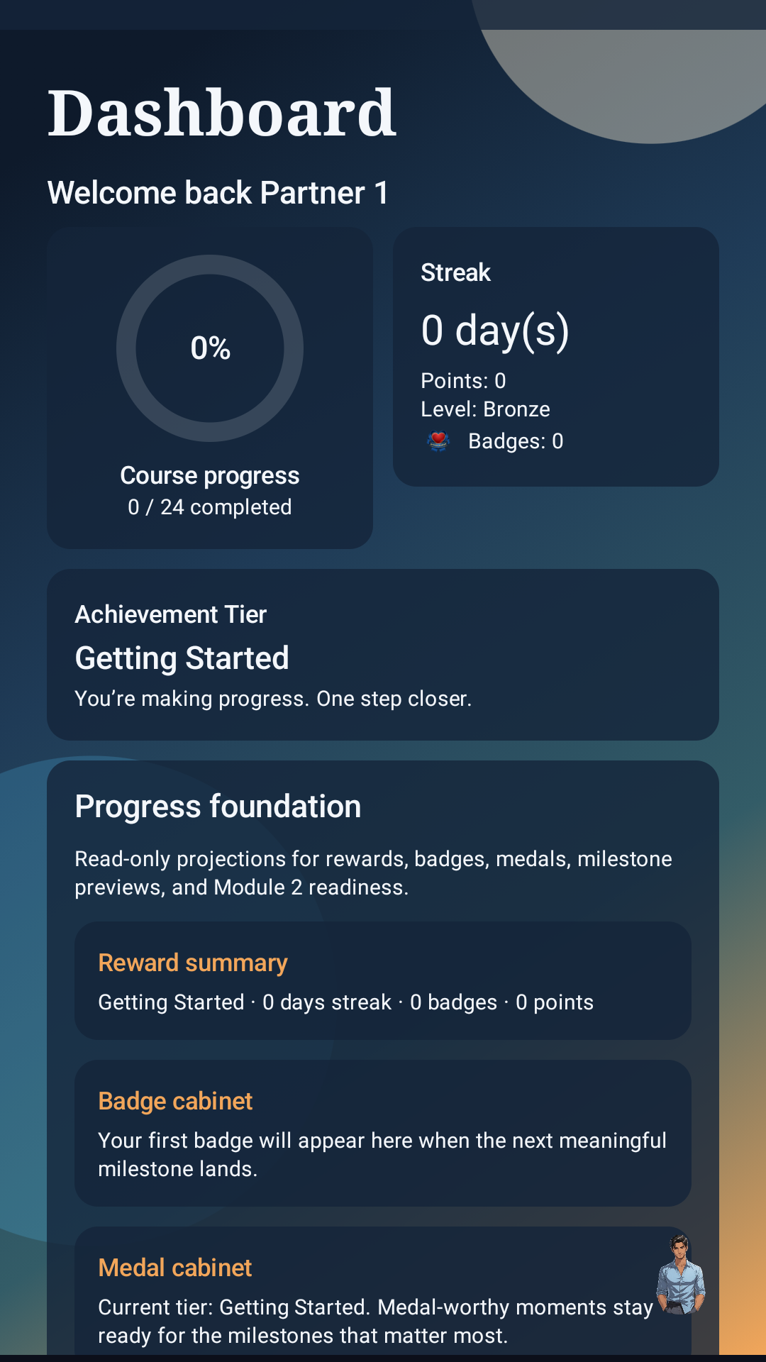 Illustrative app preview of progress, rewards, and milestones.